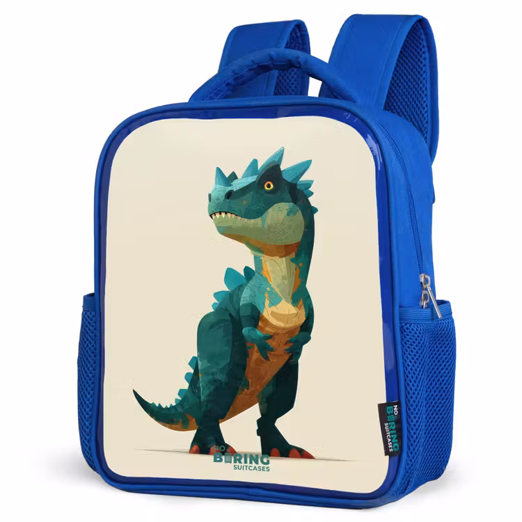 Gehoornde dino met scherpe blik Kinderrugzak - Blauw middel -schuin
