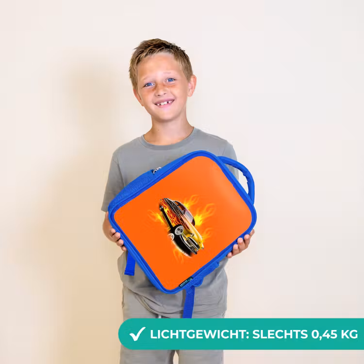 Gele auto met gele vlammen Kinderrugzak - Blauw middel -sfeer1_NL