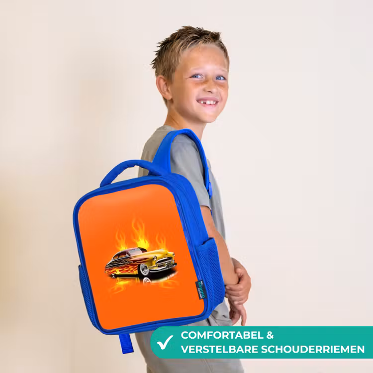 Gele auto met gele vlammen Kinderrugzak - Blauw middel -sfeer3_NL