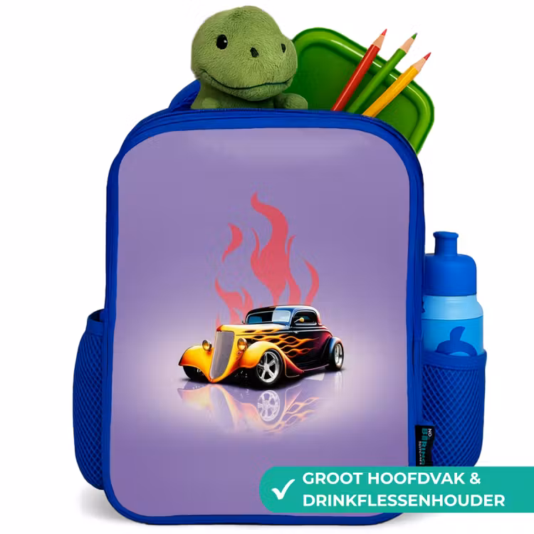 Gele auto met roze vlammen Kinderrugzak - Blauw middel -inhoud_NL