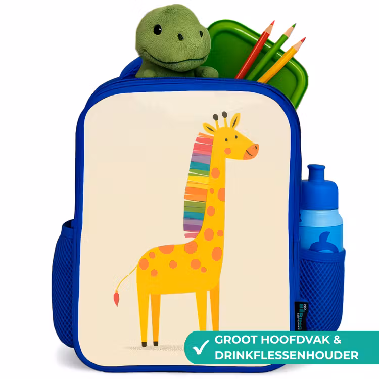 Giraffe - Regenboogmanen - Beige Kinderrugzak - Blauw middel -inhoud_NL