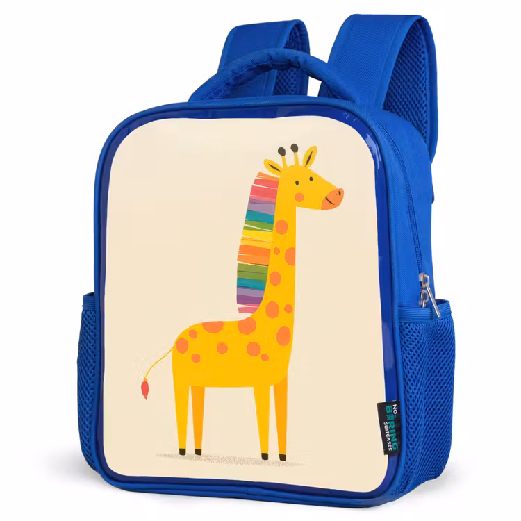 Giraffe - Regenboogmanen - Beige Kinderrugzak - Blauw middel -schuin