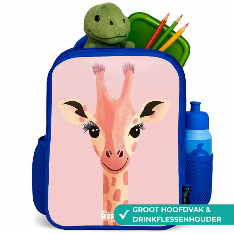 Giraffe - Wimpers - Minimalistisch - Roze Kinderrugzak - Blauw middel -inhoud_NL