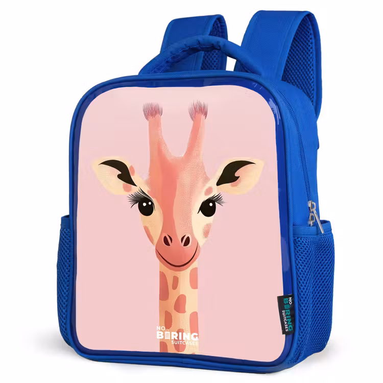Giraffe - Wimpers - Minimalistisch - Roze Kinderrugzak - Blauw middel -schuin