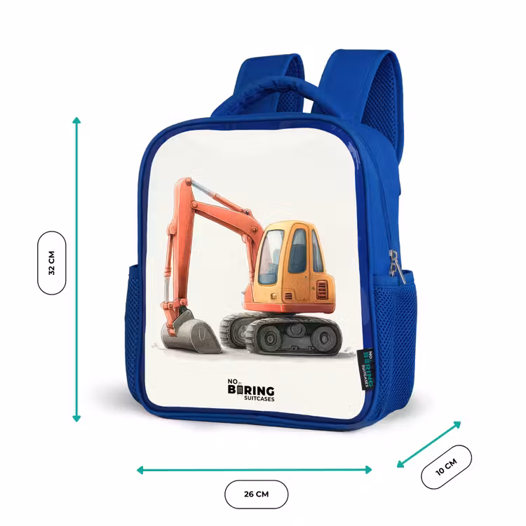 Graafmachine - Getekend - Oranje Kinderrugzak - Blauw middel -productfoto_formaten