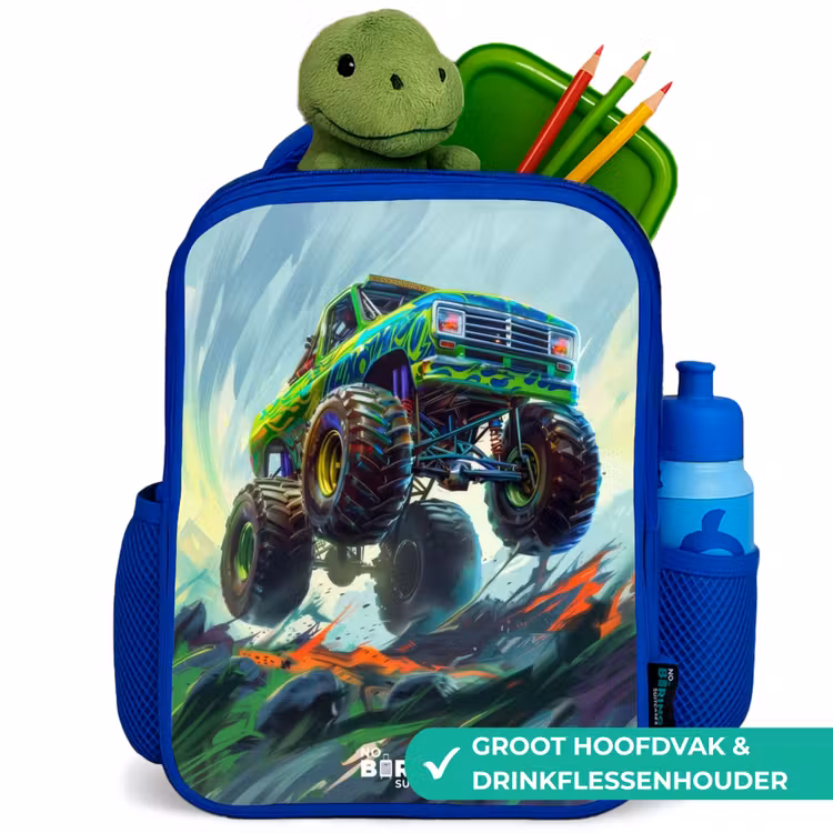 Groene Monstertruck met Penseelstreken Kinderrugzak - Blauw middel -inhoud_NL