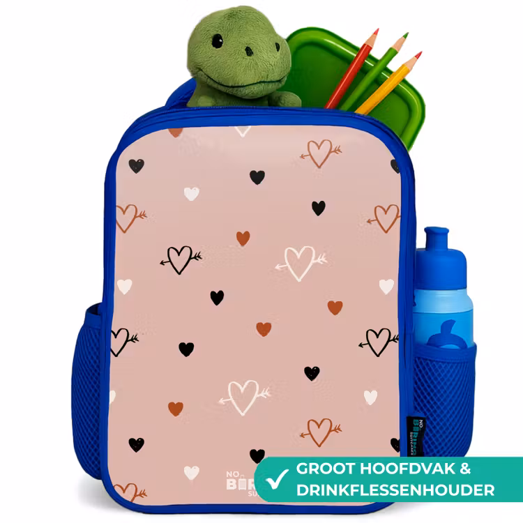 Hartjes met pijlen in zwart, wit en roze Kinderrugzak - Blauw middel -inhoud_NL