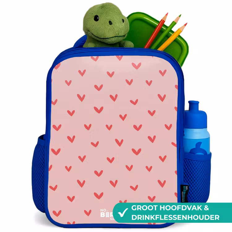 Hartjespatroon met roze kleuren Kinderrugzak - Blauw middel -inhoud_NL