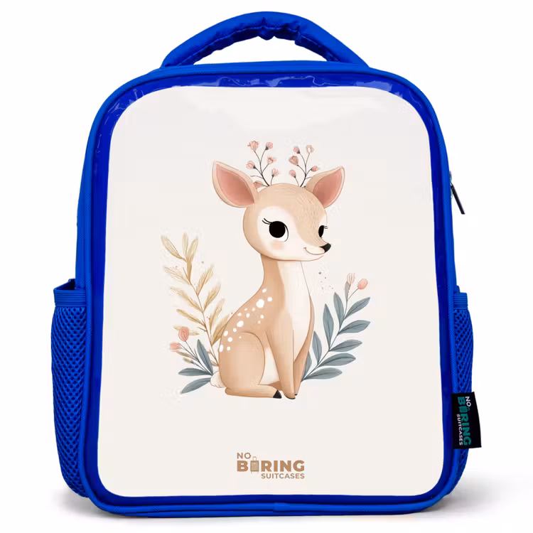 Hertje omringd door planten in beige tinten Kinderrugzak - Blauw middel -3d