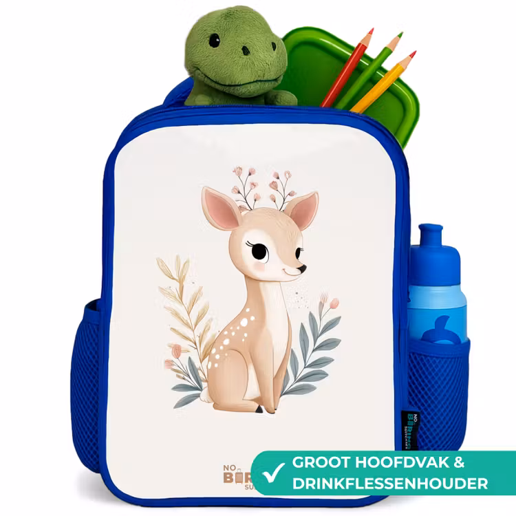 Hertje omringd door planten in beige tinten Kinderrugzak - Blauw middel -inhoud_NL