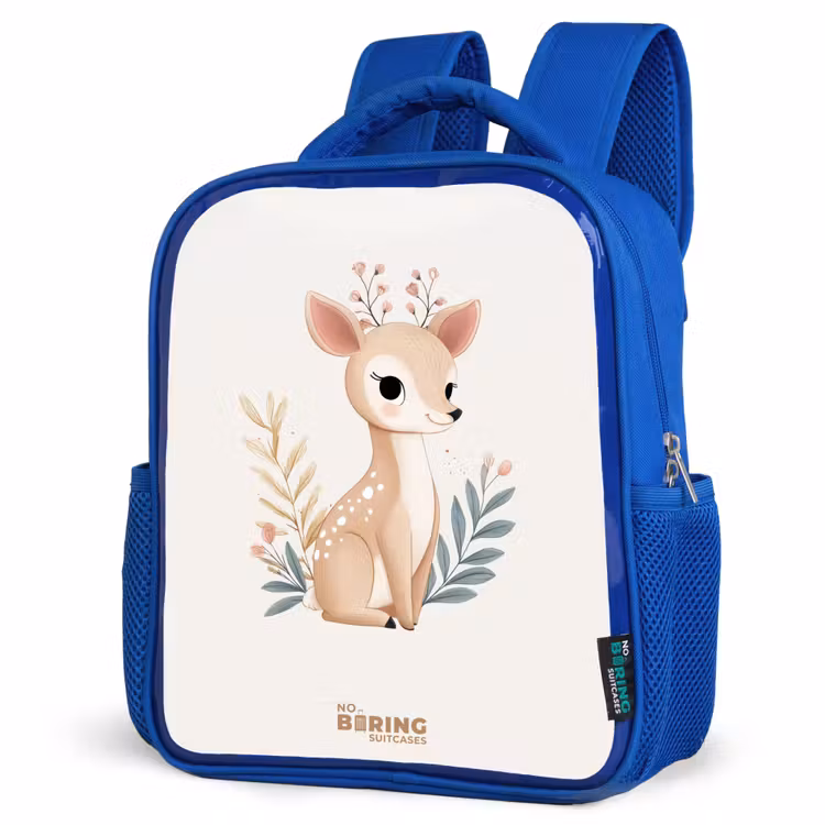 Hertje omringd door planten in beige tinten Kinderrugzak - Blauw middel -schuin