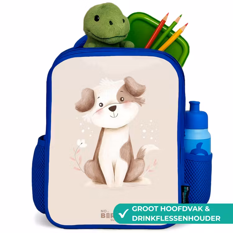 Hond in de kleuren bruin en beige Kinderrugzak - Blauw middel -inhoud_NL