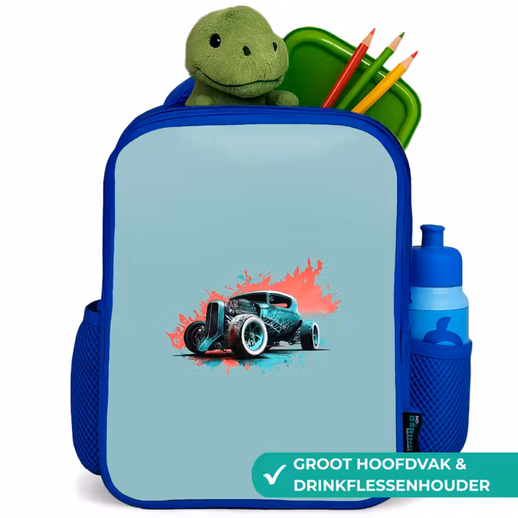 Hotrod turquoise Kinderrugzak - Blauw middel -inhoud_NL