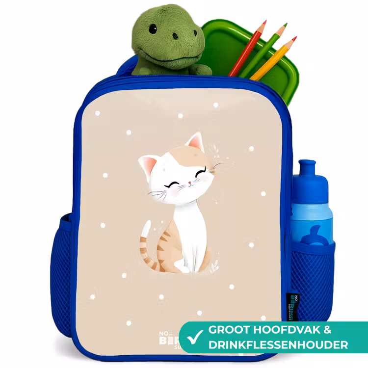 Kat omringd door beige stippen Kinderrugzak - Blauw middel -inhoud_NL