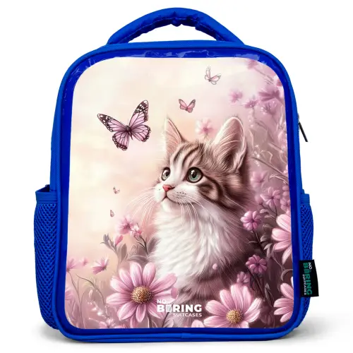Kat - Paars - Vlinders - Bloemen Kinderrugzak - Blauw middel -3d