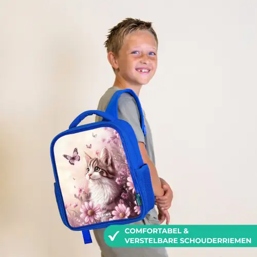 Kat - Paars - Vlinders - Bloemen Kinderrugzak - Blauw middel -sfeer3_NL