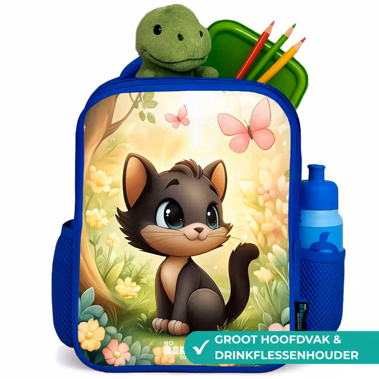 Kat - Vlinder - Bloemen Kinderrugzak - Blauw middel -inhoud_NL