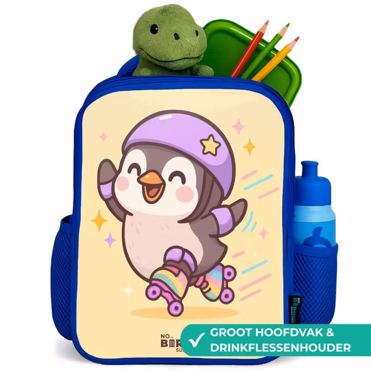Kawai - Pinguin - Rolschaatsen Kinderrugzak - Blauw middel -inhoud_NL