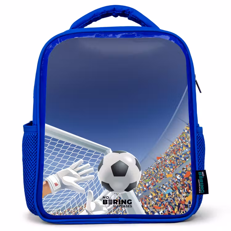 Keeper die een voetbal tegenhoud Kinderrugzak - Blauw middel -3d