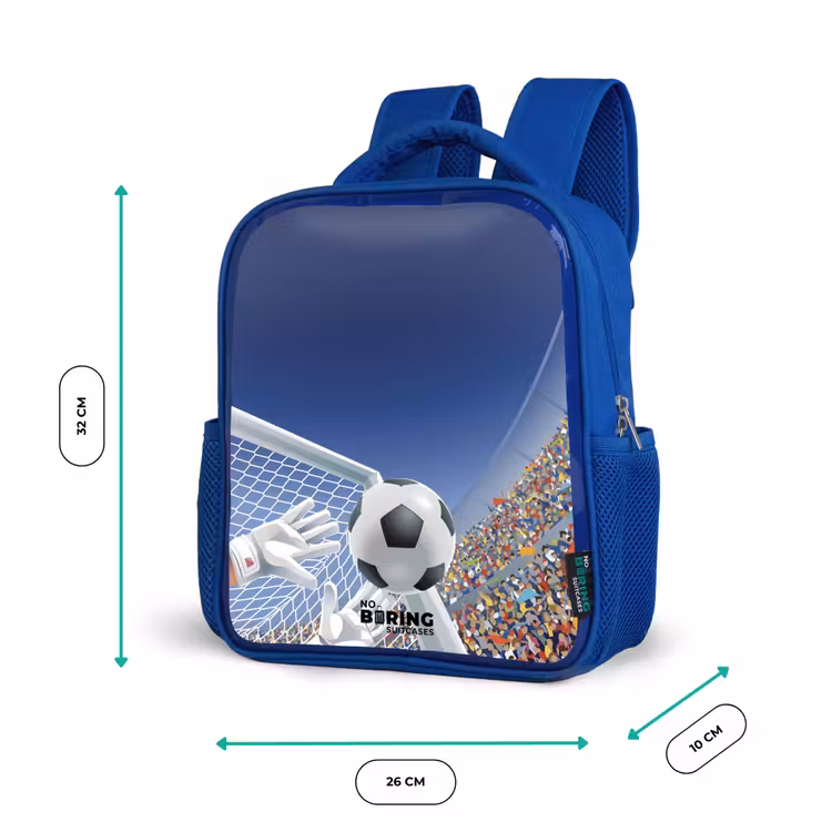 Keeper die een voetbal tegenhoud Kinderrugzak - Blauw middel -productfoto_formaten