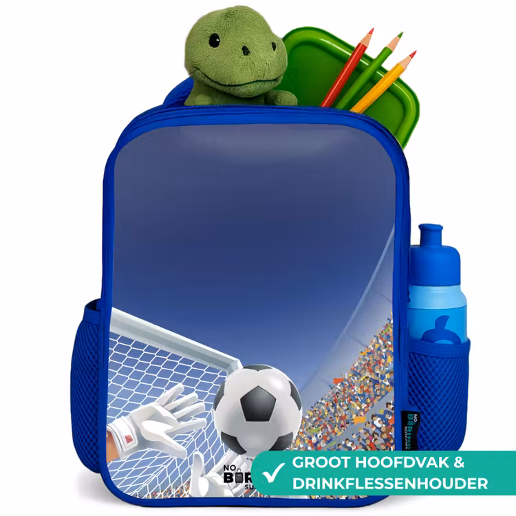 Keeper die een voetbal tegenhoud Kinderrugzak - Blauw middel -inhoud_NL