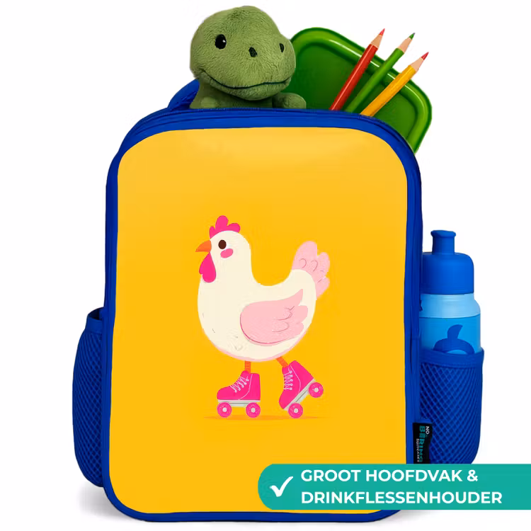 Kip - Rolschaatsen - Geel Kinderrugzak - Blauw middel -inhoud_NL