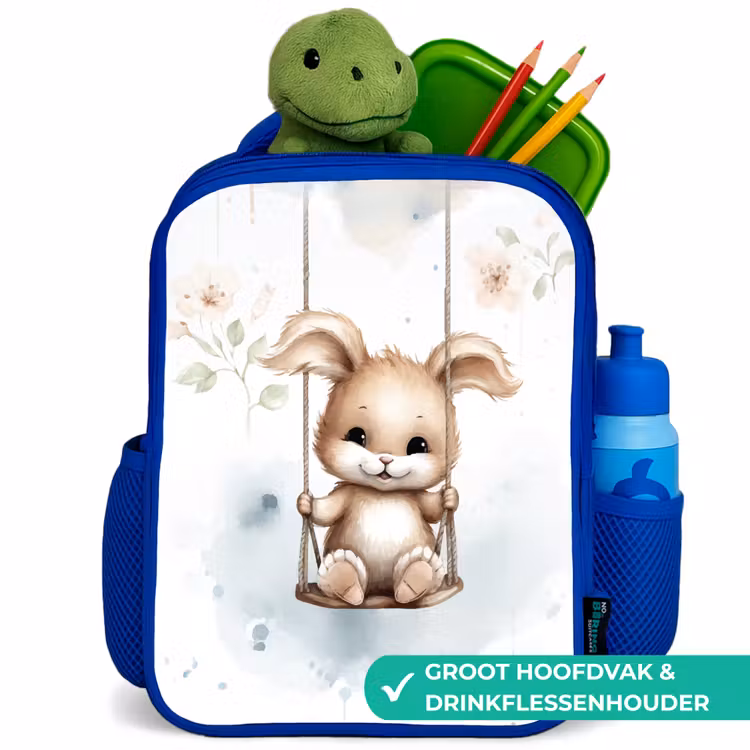 Konijn - Baby dier - Kinderen Kinderrugzak - Blauw middel -inhoud_NL