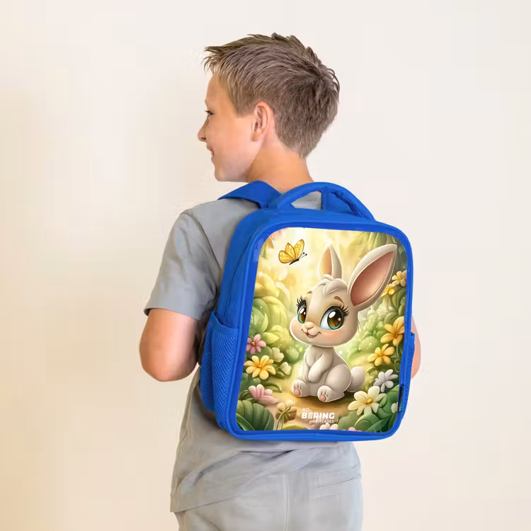 Konijn - Zonlicht - Sprookjesachtig - Vlinder Kinderrugzak - Blauw middel -sfeer2