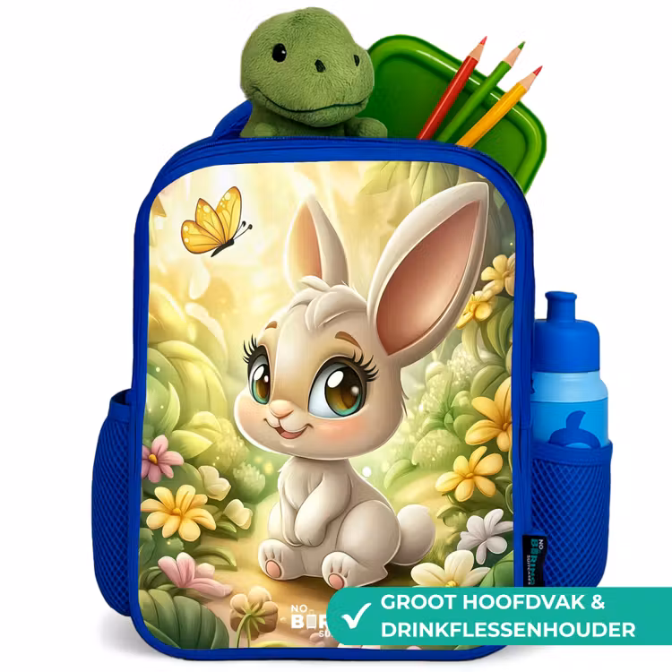 Konijn - Zonlicht - Sprookjesachtig - Vlinder Kinderrugzak - Blauw middel -inhoud_NL