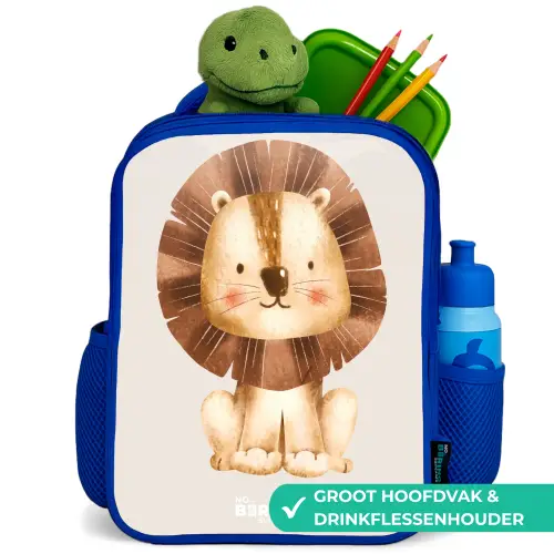 Leeuw illustratie met beige achtergrond Kinderrugzak - Blauw middel -inhoud_NL