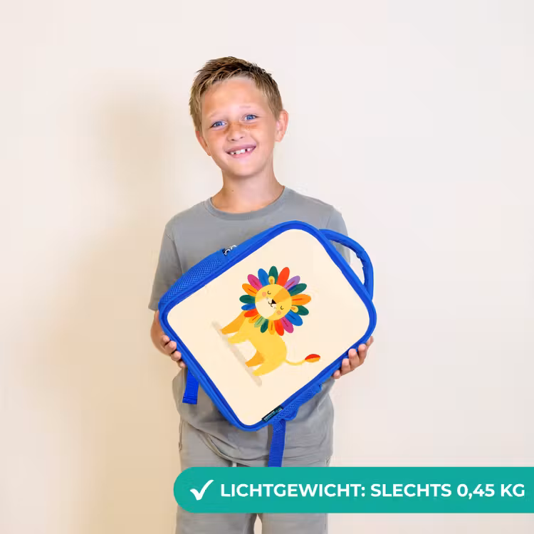Leeuw - Kleurrijke manen - Beige Kinderrugzak - Blauw middel -sfeer1_NL