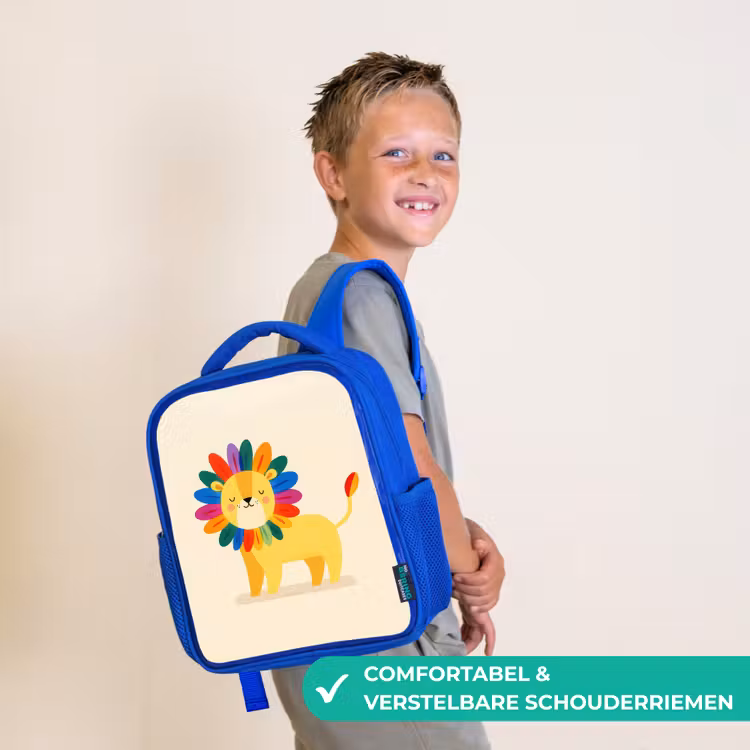 Leeuw - Kleurrijke manen - Beige Kinderrugzak - Blauw middel -sfeer3_NL