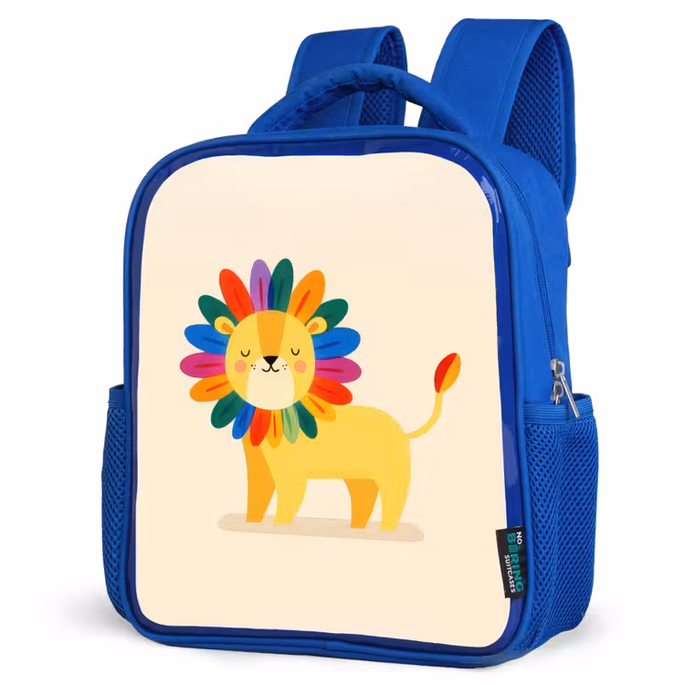 Leeuw - Kleurrijke manen - Beige Kinderrugzak - Blauw middel -schuin