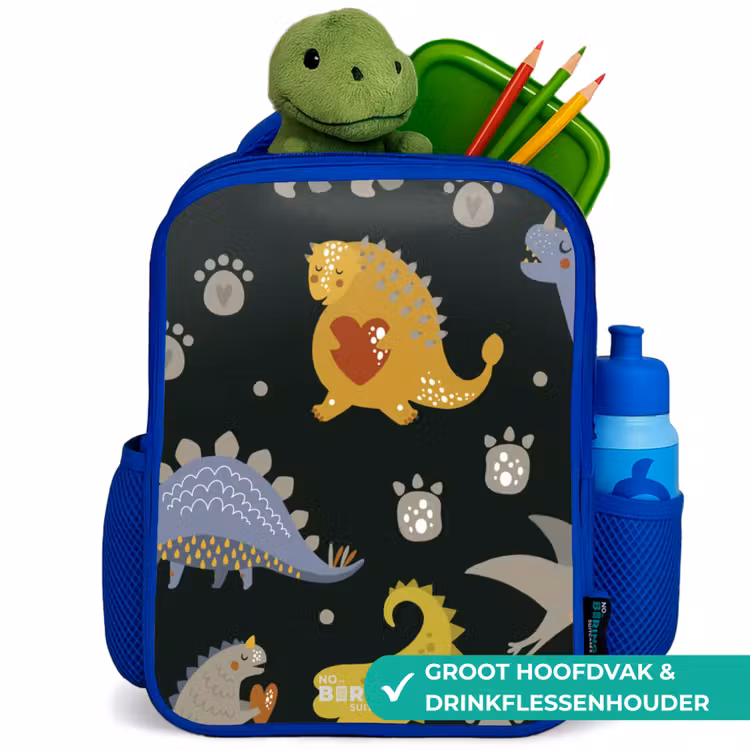 Liefdevolle dinosaurus Kinderrugzak - Blauw middel -inhoud_NL