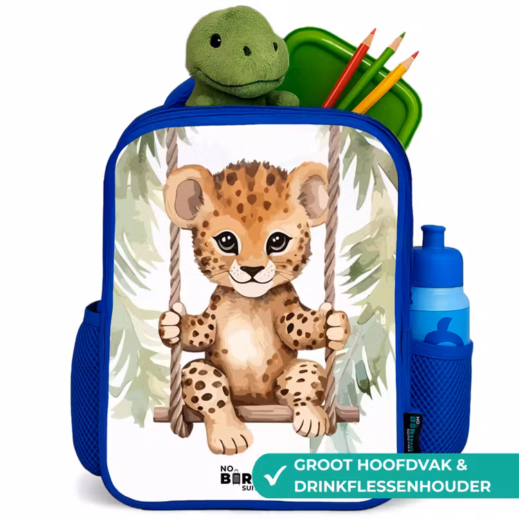 Luipaard welp op een schommel waterverf illustratie Kinderrugzak - Blauw middel -inhoud_NL