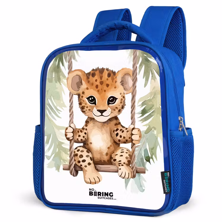 Luipaard welp op een schommel waterverf illustratie Kinderrugzak - Blauw middel -schuin