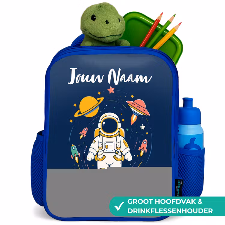 Astronaut - Planeet - Sterren - Raket Kinderrugzak - Blauw middel -inhoud_NL