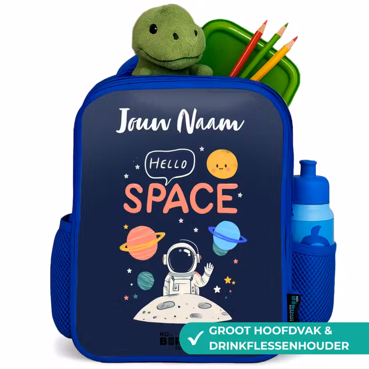 Astronaut - Quote - Planeten - Sterren Kinderrugzak - Blauw middel -inhoud_NL