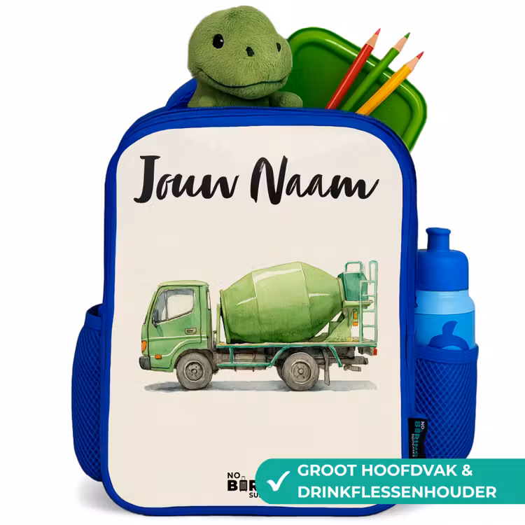 Betonmixer - Getekend - Groen Kinderrugzak - Blauw middel -inhoud_NL