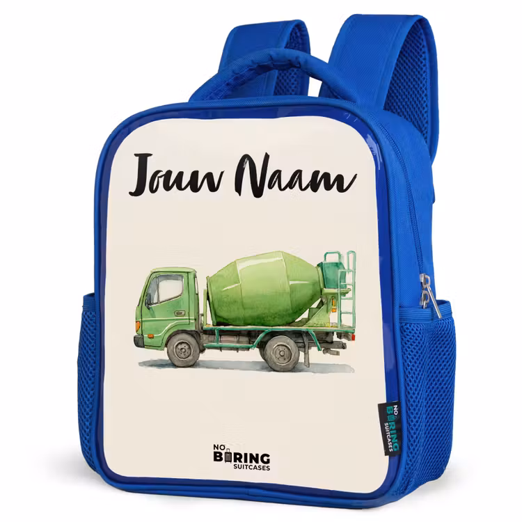 Betonmixer - Getekend - Groen Kinderrugzak - Blauw middel -schuin
