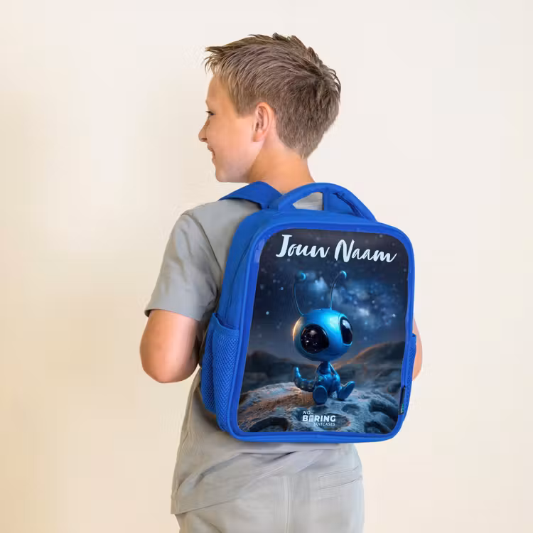 Blauw buitenaards wezentje onder sterrenhemel Kinderrugzak - Blauw middel -sfeer2