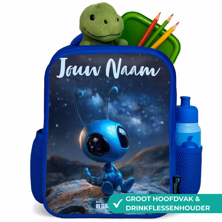 Blauw buitenaards wezentje onder sterrenhemel Kinderrugzak - Blauw middel -inhoud_NL