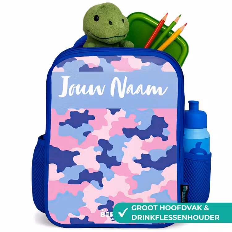 Camouflage - Roze - Blauw Kinderrugzak - Blauw middel -inhoud_NL