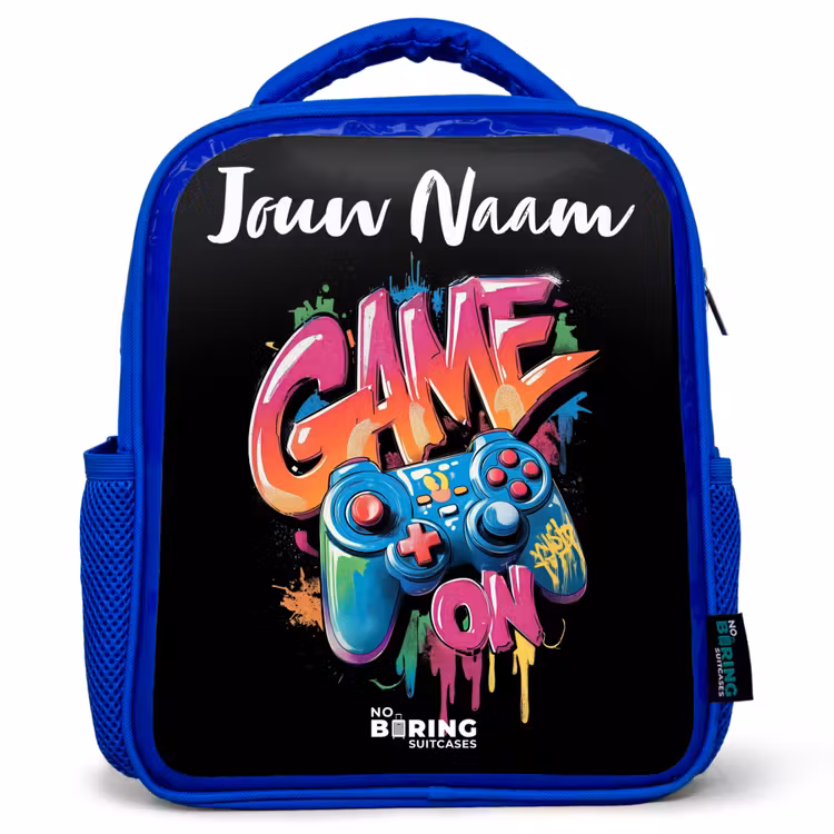 Controller - Game - Graffiti - Tekst Kinderrugzak - Blauw middel -3d