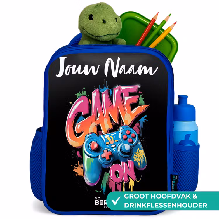 Controller - Game - Graffiti - Tekst Kinderrugzak - Blauw middel -inhoud_NL