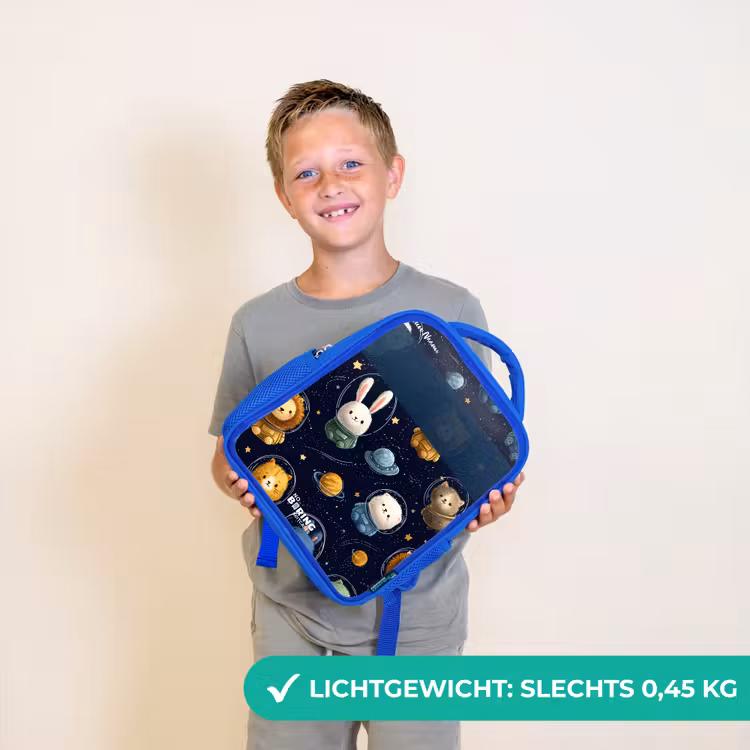 Dieren - Astronaut - Planeten - Sterren Kinderrugzak - Blauw middel -sfeer1_NL