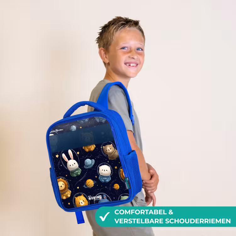Dieren - Astronaut - Planeten - Sterren Kinderrugzak - Blauw middel -sfeer3_NL