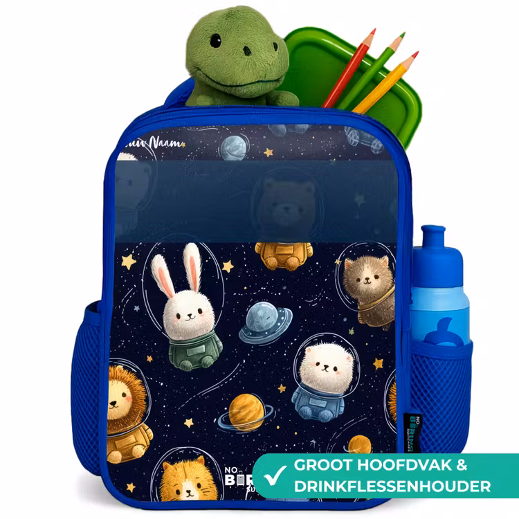 Dieren - Astronaut - Planeten - Sterren Kinderrugzak - Blauw middel -inhoud_NL