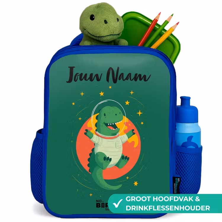 Dino - Planeet - Sterren - Groen Kinderrugzak - Blauw middel -inhoud_NL
