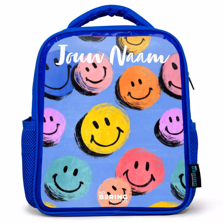 Een speels en kunstzinnig patroon van kleurrijke smileys Kinderrugzak - Blauw middel -3d